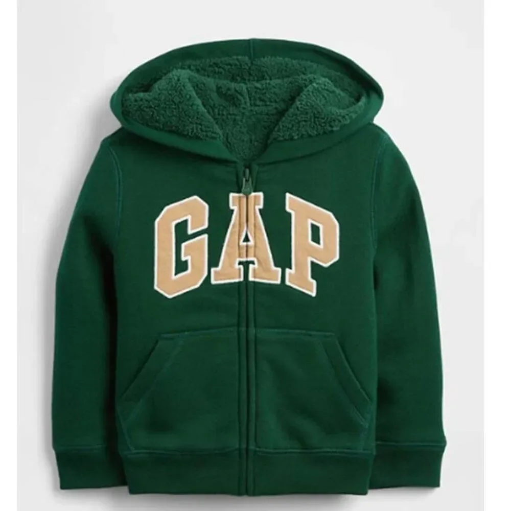 Gap Baby Front Logo Sherpa Lined Zip Hoodie Soft Cotton Fleece Winter Green